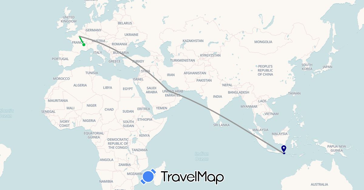 TravelMap itinerary: driving, bus, plane in France, Indonesia, Qatar (Asia, Europe)